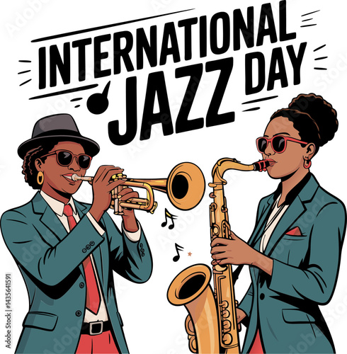 Jazz musicians duet playing trumpet and saxophone – Jazz Day art, International Jazz Day Greeting: Musician Art Vector Illustration