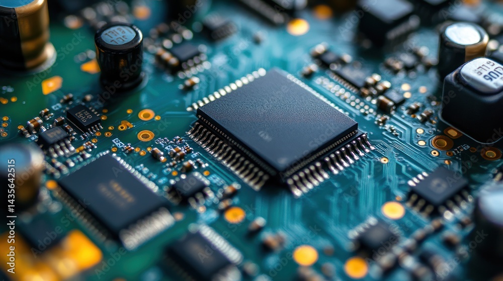 Close-up circuit board with microchip Close-up circuit board with microchip