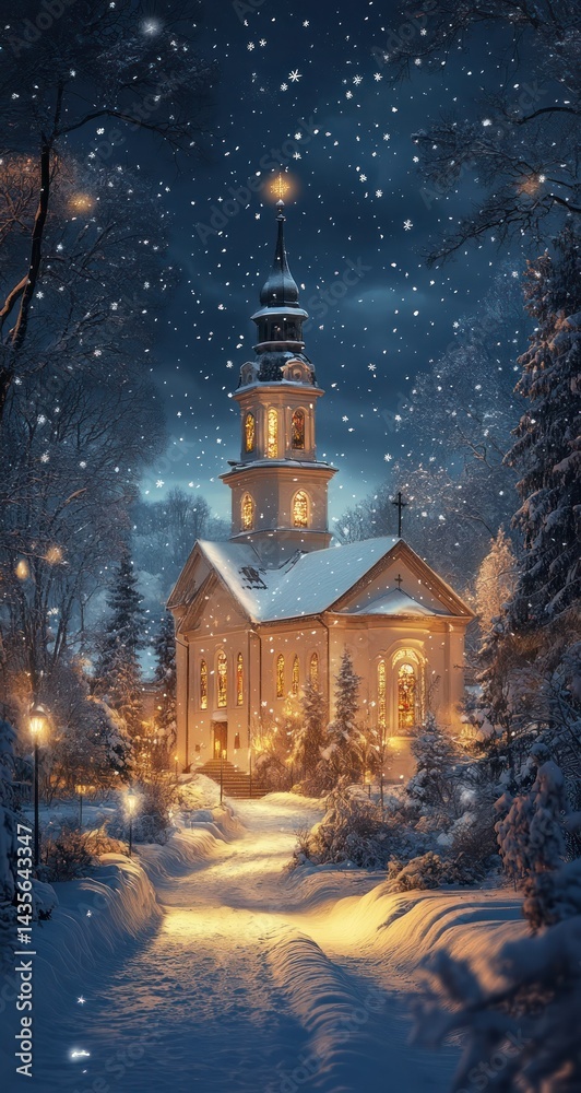 Fototapeta premium Snowy Church with Winter Night, and Path.