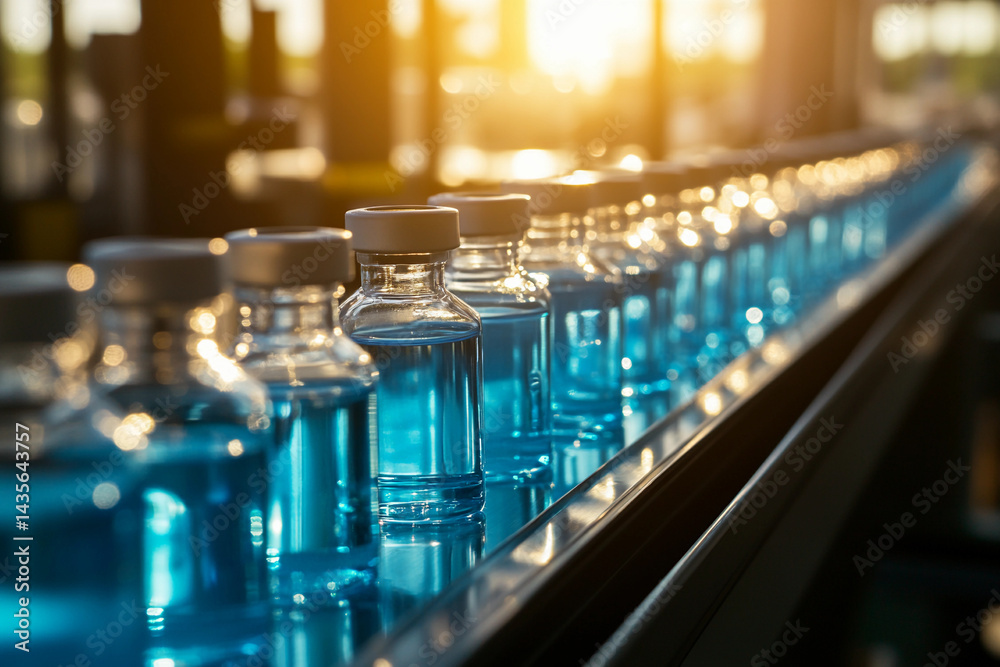 Row of clear glass vials filled with blue liquid in sunlight Generative AI