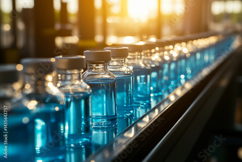 Obraz na płótnie Row of clear glass vials filled with blue liquid in sunlight Generative AI w salonie