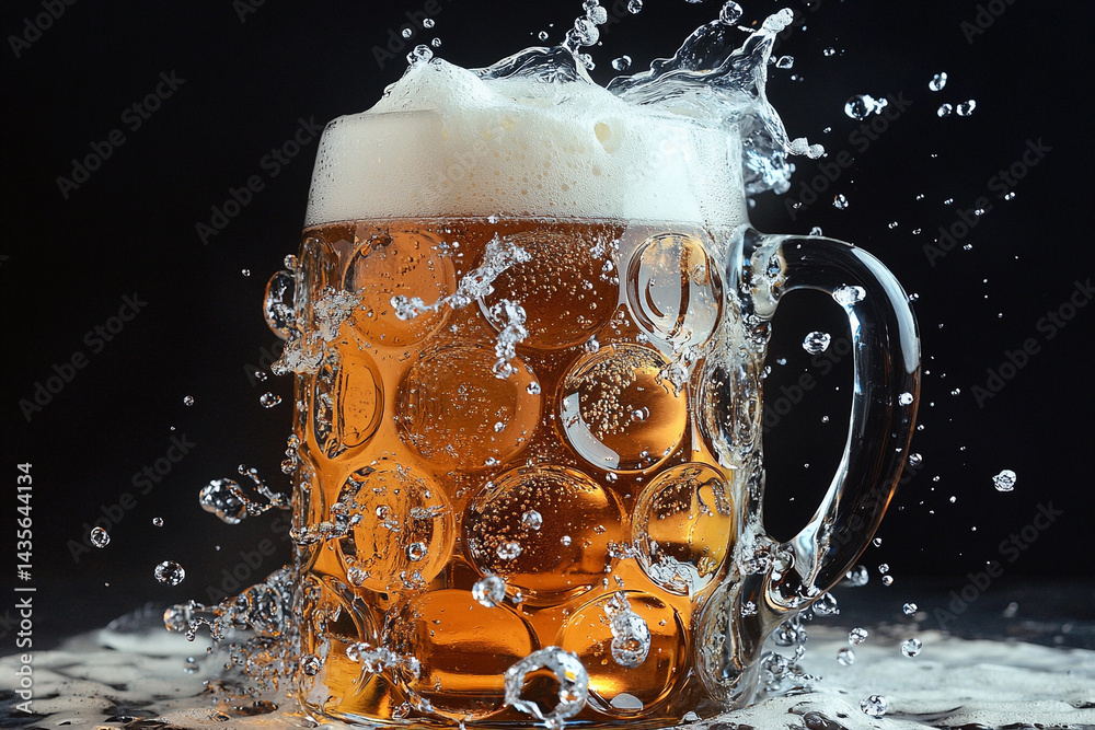Chilled beer mug splashing with refreshing beverage Generative AI