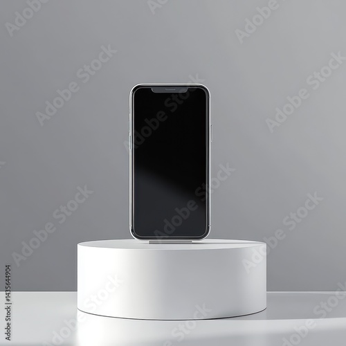 Modern cell phone displayed on a white pedestal.