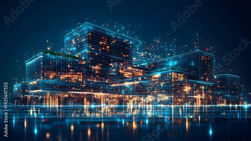 Wallpaper Mural Futuristic cityscape with luminous blue grid buildings reflecting on a glassy surface, showcasing a hyper-connected, technologically advanced urban environment. Abstract wireframe in dark blue Torontodigital.ca