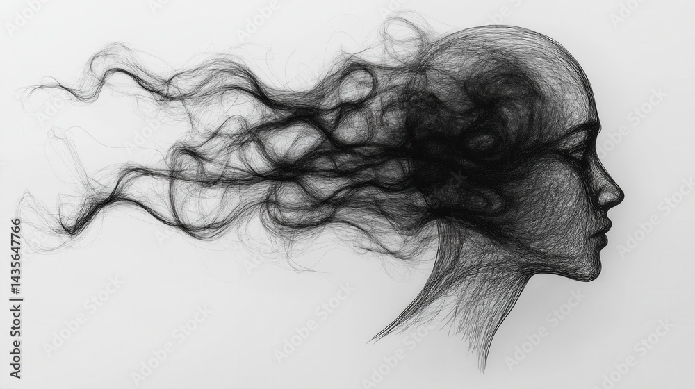 Fototapeta premium Abstract line art portrait woman profile with dynamic flowing hair