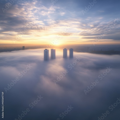 Modern top view cityscape on foggy morning, white clouds covering ground while skyscraper tops rise above fog. Soft morning light of rising sun illuminates buildings creating serene dreamy atmosphere