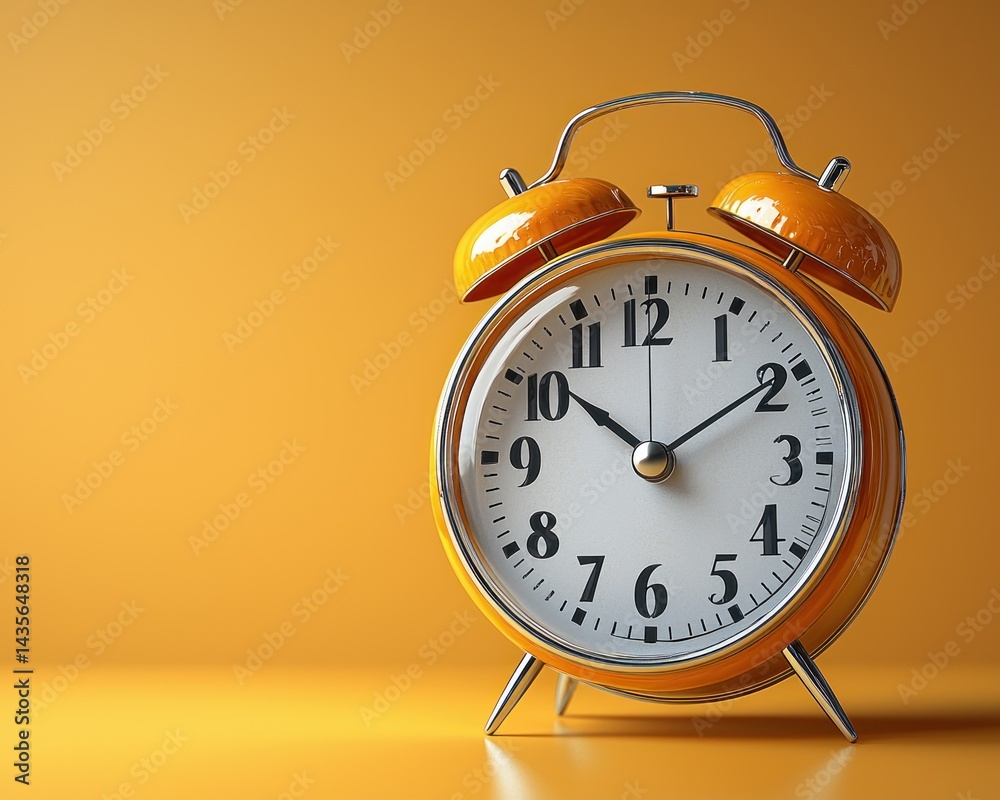 Classic orange alarm clock displaying time on a vibrant yellow background Classic orange alarm clock displaying time on a vibrant yellow background