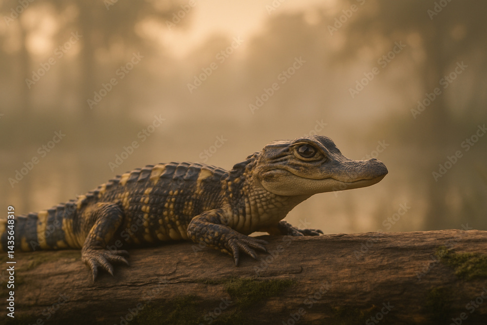 A baby alligator resting on a log, with a soft background of misty wetlands and early morning light filtering through the trees A baby alligator resting on a log, with a soft background of misty wetlands and early morning light filtering through the trees