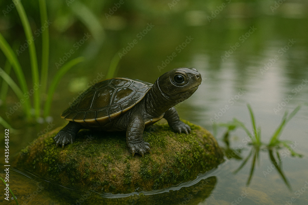 Naklejka premium A baby freshwater turtle resting on a mossy rock near a pond, its small shell still shiny and wet, surrounded by green plants and soft reflections in the water