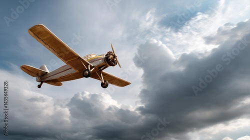 Vintage Airplane Soaring in the Sky: A classic aircraft gracefully maneuvers through the clouds, its propeller spinning against the backdrop of a vast sky, evoking a sense of freedom and adventure.