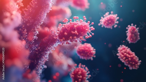 Microscopic view of viruses replicating and spreading. (1) photo