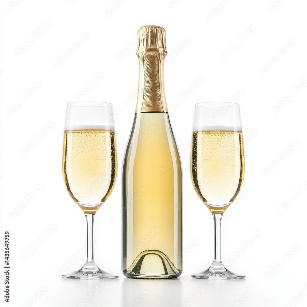Golden champagne bottle and glasses ready for New Year's toast, isolated on white background, festive elegance Golden champagne bottle and glasses ready for New Year's toast, isolated on white background, festive elegance