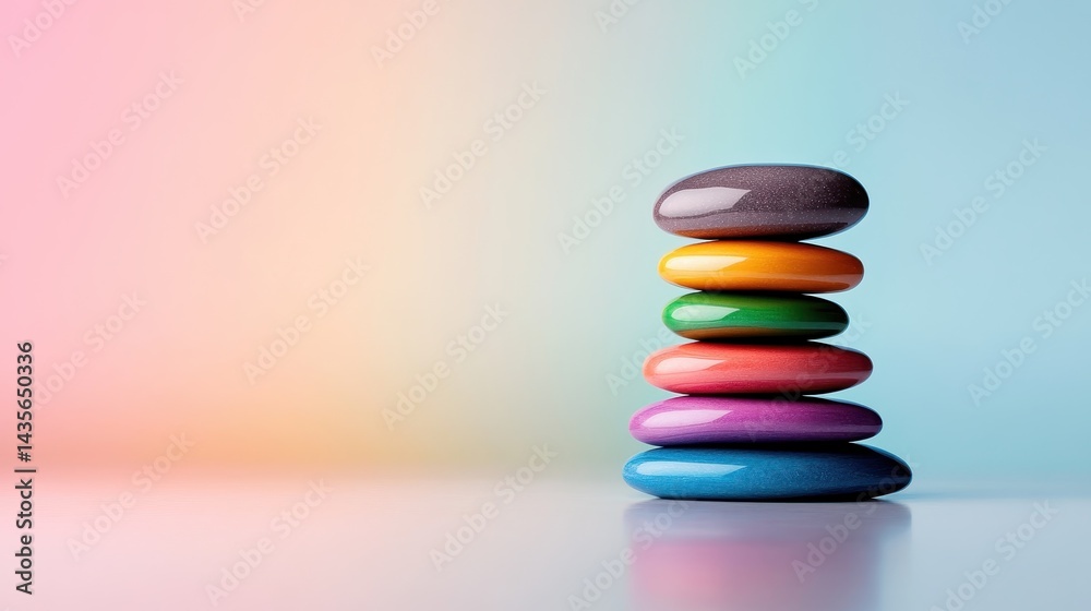 A beautifully arranged stack of colorful pebbles set against a soft pastel backdrop, symbolizing harmony and tranquility while showcasing artistic simplicity in design.