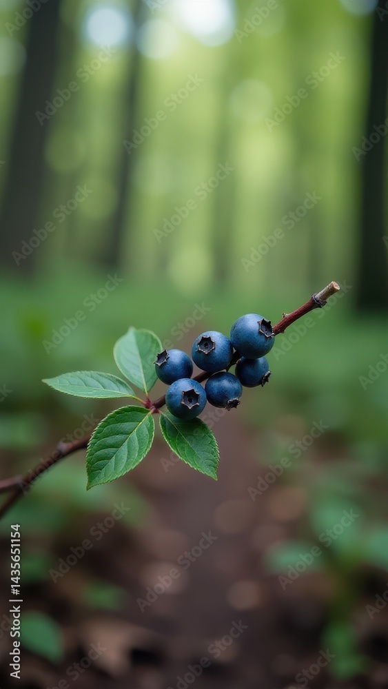 Branch with vibrant blueberries and green leaves set against a softly focused, lush forest background Branch with vibrant blueberries and green leaves set against a softly focused, lush forest background