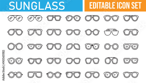 Editable sunglasses icon set in black and white, ideal for fashion designs.