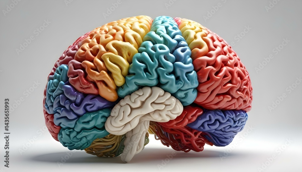 Naklejka premium A beautifully rendered and colorful depiction of the human brain, showcasing its complex structure.