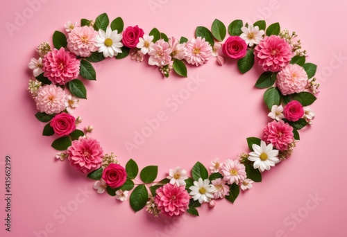 The pink and white flowers are arranged in a heart shape on a pink background