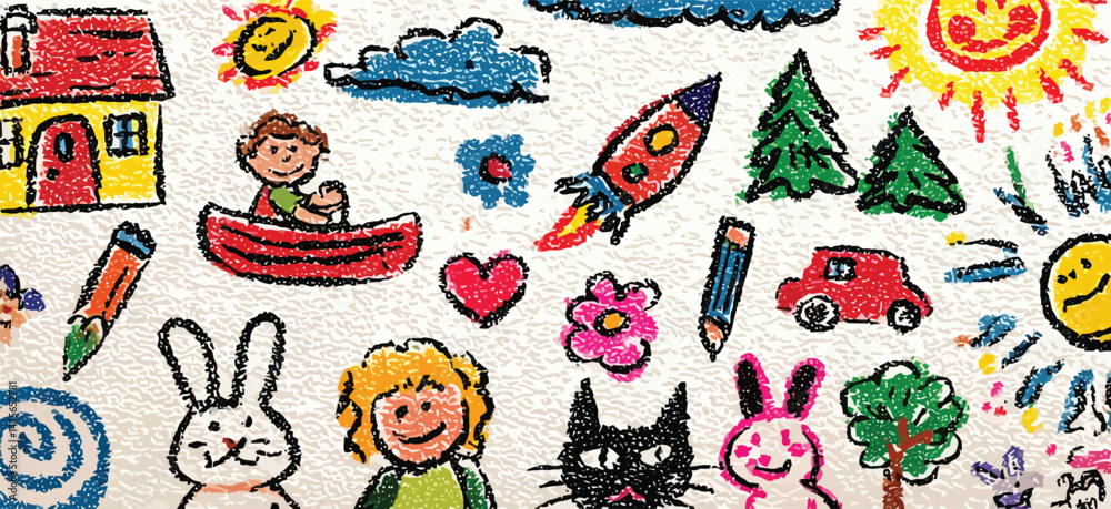 Fototapeta premium Colorful Childlike Crayon Doodle Pattern with Houses, Trees, Rockets, Animals, and Space Elements on White Background- Adobe Illustrator Artwork