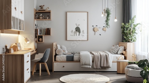 Minimalist child's bedroom with wooden furniture, neutral tones, and playful decor.