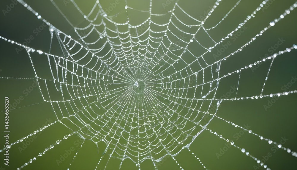 Naklejka premium A stunning close-up shot reveals a spiderweb adorned with glistening water droplets in a lush green setting.