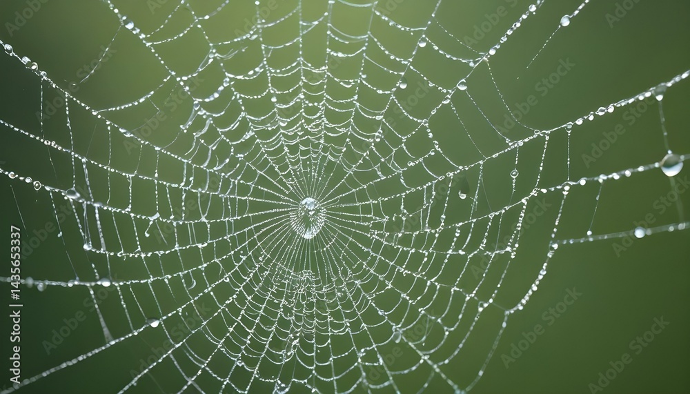 Fototapeta premium A captivating macro shot of a spider web, glistening with water droplets against green.