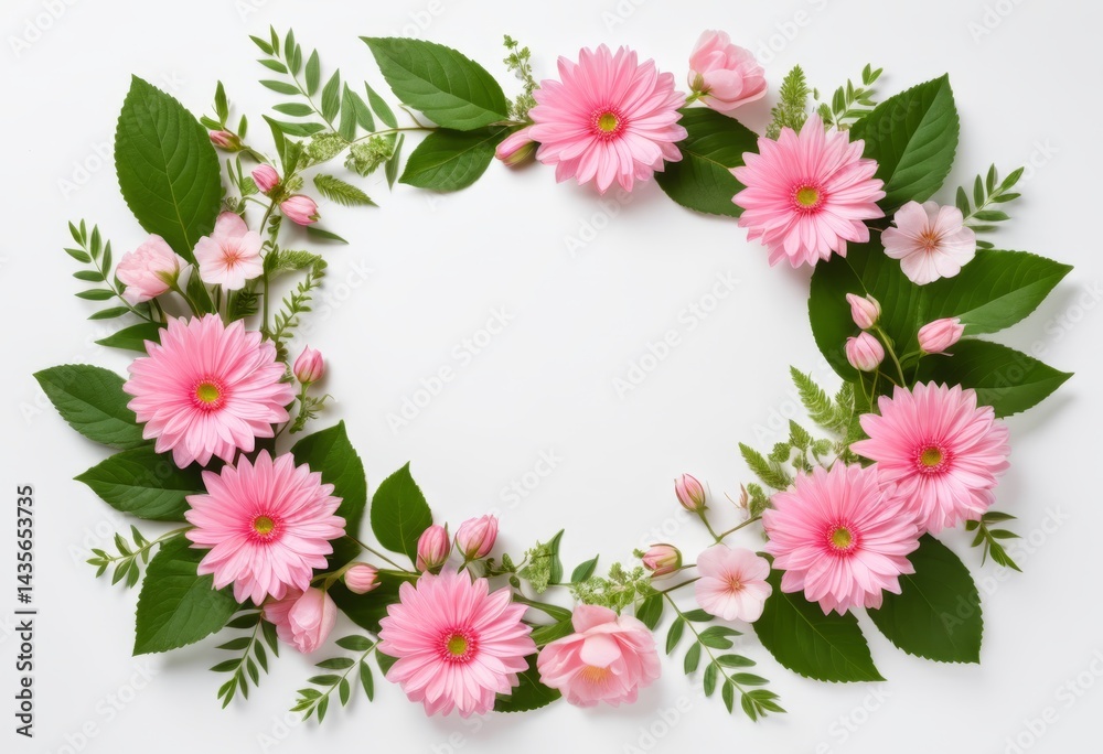 Fototapeta premium The pink flowers and green leaves are arranged in a circle on a white background