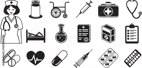 Medical icon set. Containing doctor, medicine, hospital, treatment, healthcare, nurse, pills, clinic and more. Solid vector icons collection.
