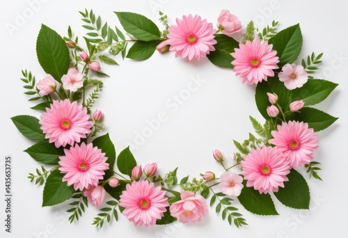 The pink flowers and green leaves are arranged in a circle on a white background