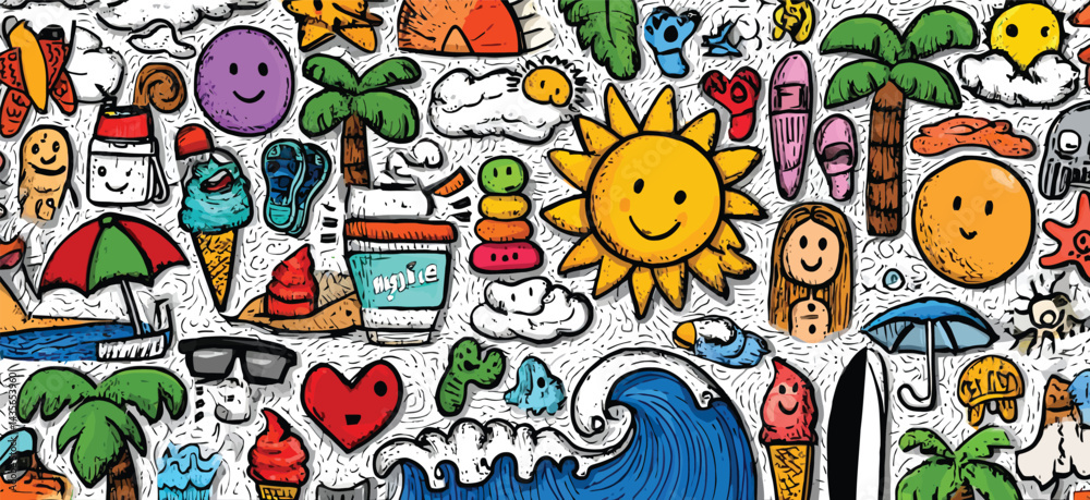 Fototapeta premium Seamless Hand-Drawn Summer Doodle Pattern with Suns, Palm Trees, Waves, Beach Icons, and Bright Cartoon Elements on White Background- Adobe Illustrator Artwork