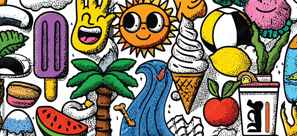 Fototapeta premium Seamless Hand-Drawn Summer Doodle Pattern with Suns, Palm Trees, Waves, Beach Icons, and Bright Cartoon Elements on White Background- Adobe Illustrator Artwork