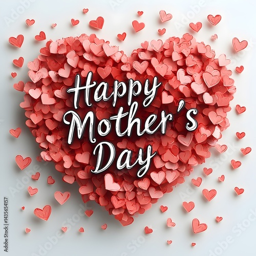 vector illustration of “Happy Mother’s Day” text on the heart shape, tiny little red hearts around the backdrop.