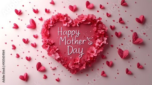vector illustration of “Happy Mother’s Day” text on the heart shape, tiny little red hearts around the backdrop.
