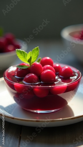 Wallpaper Mural A bowl of glossy red cherries is immersed in rich cherry syrup, garnished with a fresh mint leaf, presented on a rustic wooden table Torontodigital.ca