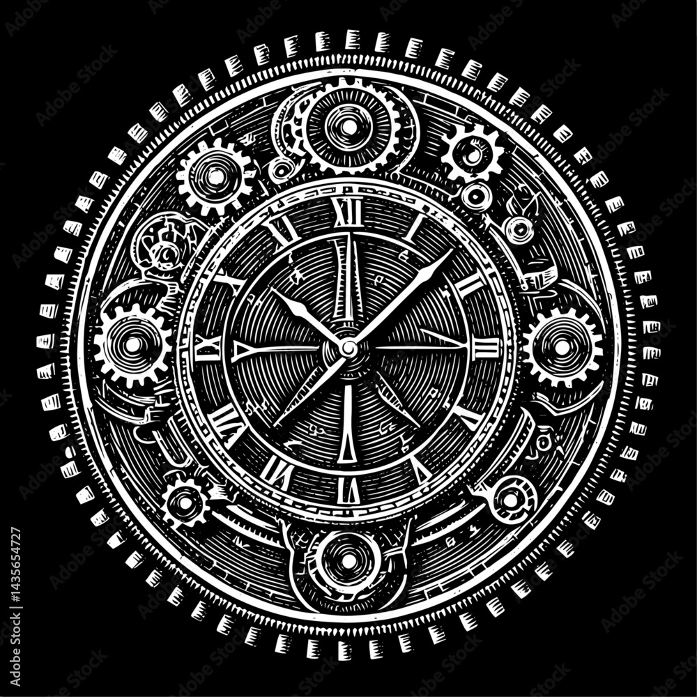 Naklejka premium Clock Face and Gears in Engraved Steampunk Style Black and White