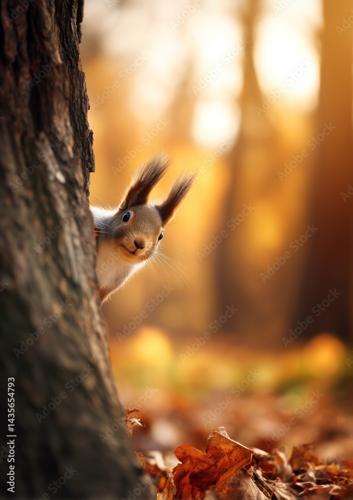 Obraz premium Un écureuil adorable, tête surgissant avec oreilles dressées de derrière un arbre, entouré de feuilles mortes, dans une forêt d'automne, concept drôle et insolite, image avec espace pour texte.