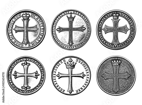 Antique Engraving Coins Illustration Black and White Symbols of Wealth and History, English Silver Penny