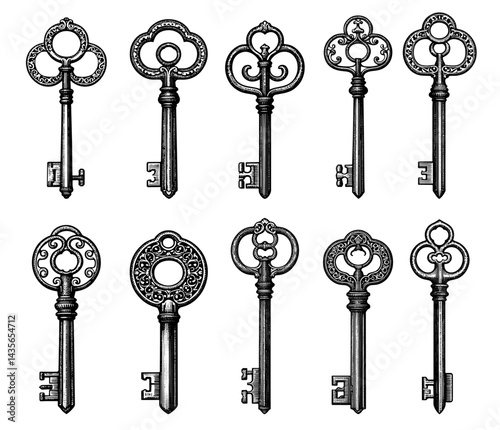 Antique Vintage Keys set in Black and White Engraving  illustration