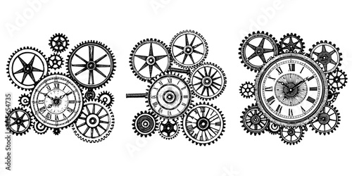 Clockwork Gears in Vintage Mechanical Style Black on White