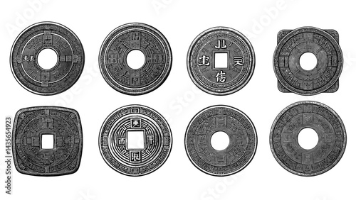 Chinese Coins Engraving Style Black and White Vintage Illustrations, Qing Dynasty coins