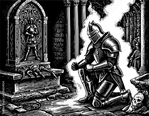 Knight Solemnly Contemplative Kneeling in Prayer in Shaded Woodblock Style Illuminated by Mystical Glow Before an Ornate Altar and Columns, Black and White Illustrations