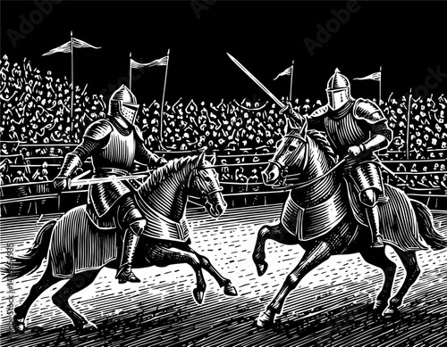 Armored Knights Competing Intense Jousting Tournament, Medieval Sport and Honor Against Festive Crowd Background, Black and White Illustrations