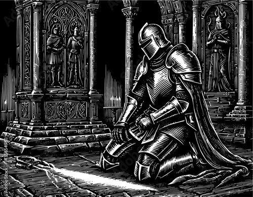 Armored Knight Reverent in Prayer Kneeling Before a Stone Altar in Dramatic Gothic Woodblock Style Set in a Shadowy Historic Sanctuary, Black and White Illustrations