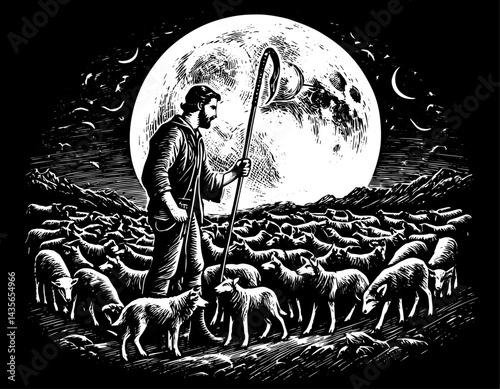 Shepherd Calmly Tending Sheep Under Moonlight in Tranquil Black and White Woodcut Style Against a Nocturnal Pastoral Landscape, Black and White Illustrations