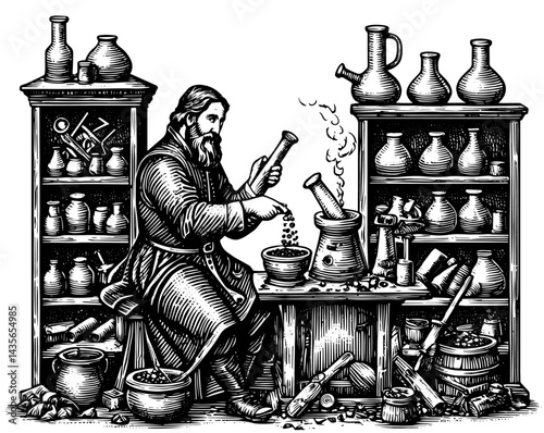 Apothecary Meticulously Mixing Ingredients at Workbench in Vintage Black and White Woodblock Print