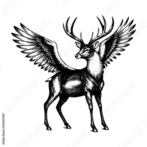 Peryton, a mythical winged deer with sharp antlers in vintage woodblock style black and white illustration