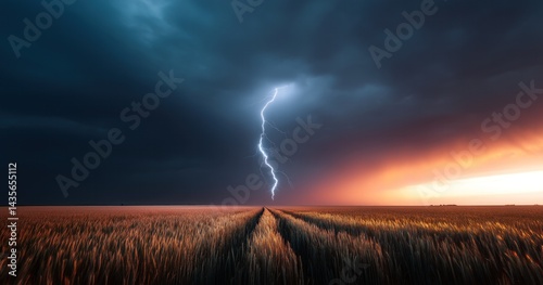 Un orage avec éclair massif frappant le sol d'un champ de blé, ciel avec des nuages ​​sombres et une lueur orangée créant une scène magnifique et époustouflante. photo