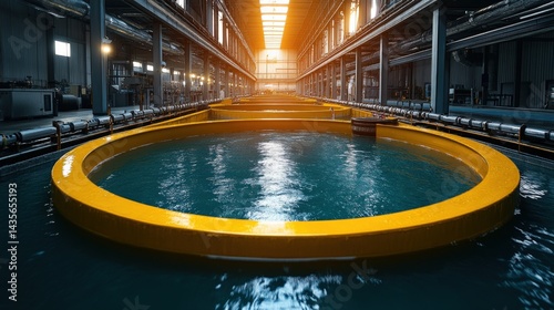 Industrial water treatment facility with large circular tanks and sunlight streaming through windows
