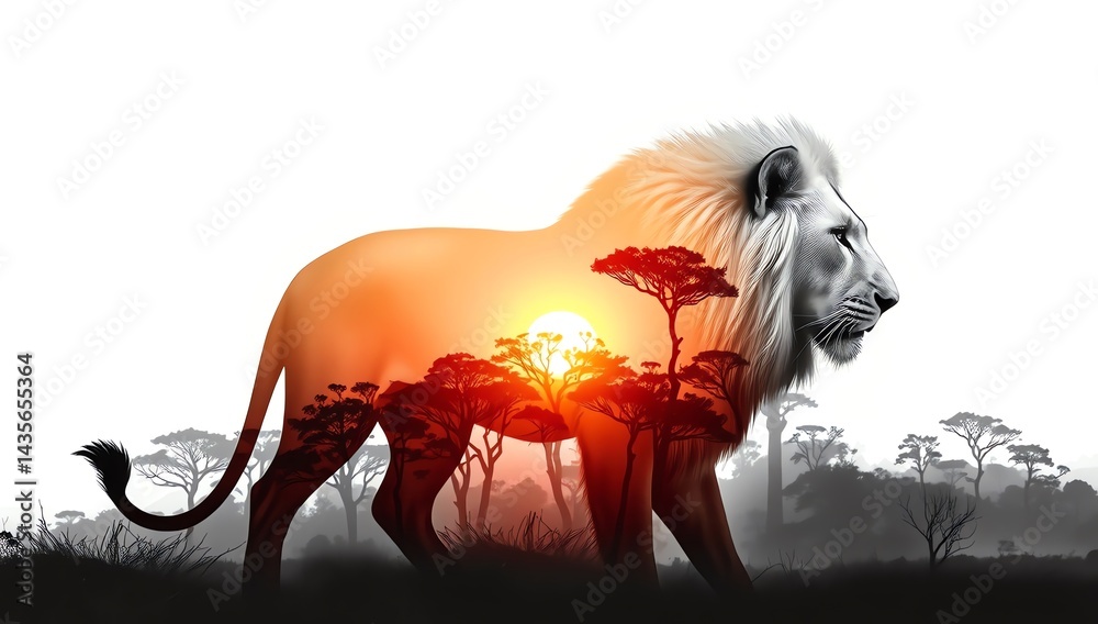 Double exposure illustration of lion and wildlife. High definition wallpaper concept on white background