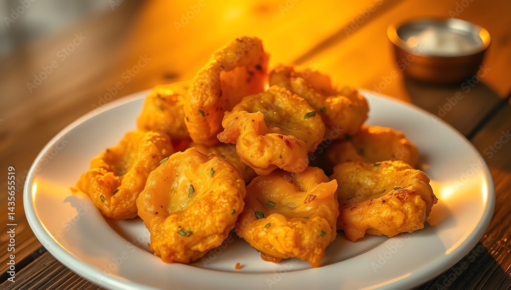 Delicious deep fried potato bajji or fritters served in a white plate. High definition cinematic Indian style food photography with copy space