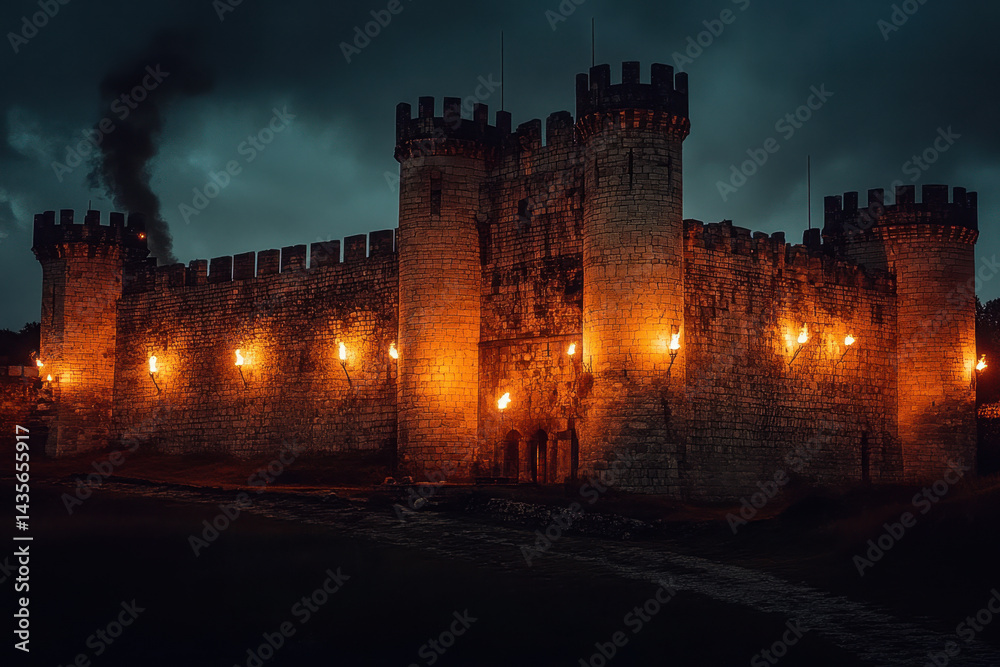 Fototapeta premium Castle, illuminated at night against dark sky.